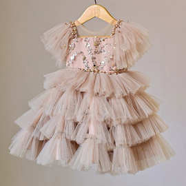 女童礼服2026新款亮片层层吊带礼服蓬蓬网纱裙蝴蝶结Kids Dress