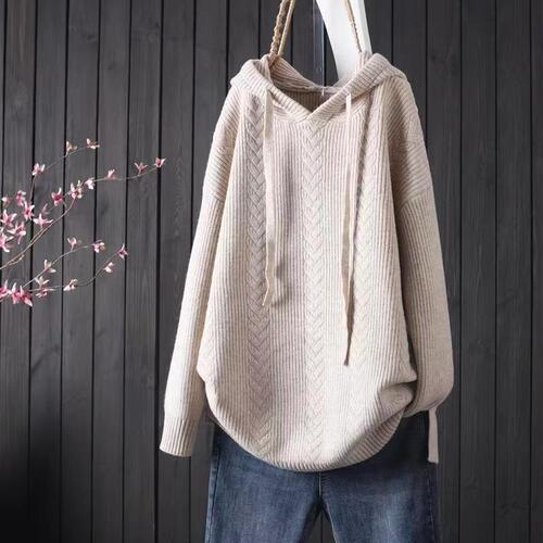 Pure Color Hooded Belted Long-Sleeve Soft and Slender Women's Knit Top Sweater for Autumn and Winter