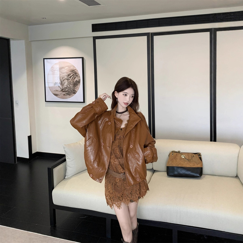美拉德辣妹风长袖皮衣外套蕾丝连衣裙短裤女2025秋季新款时尚套装|undefined