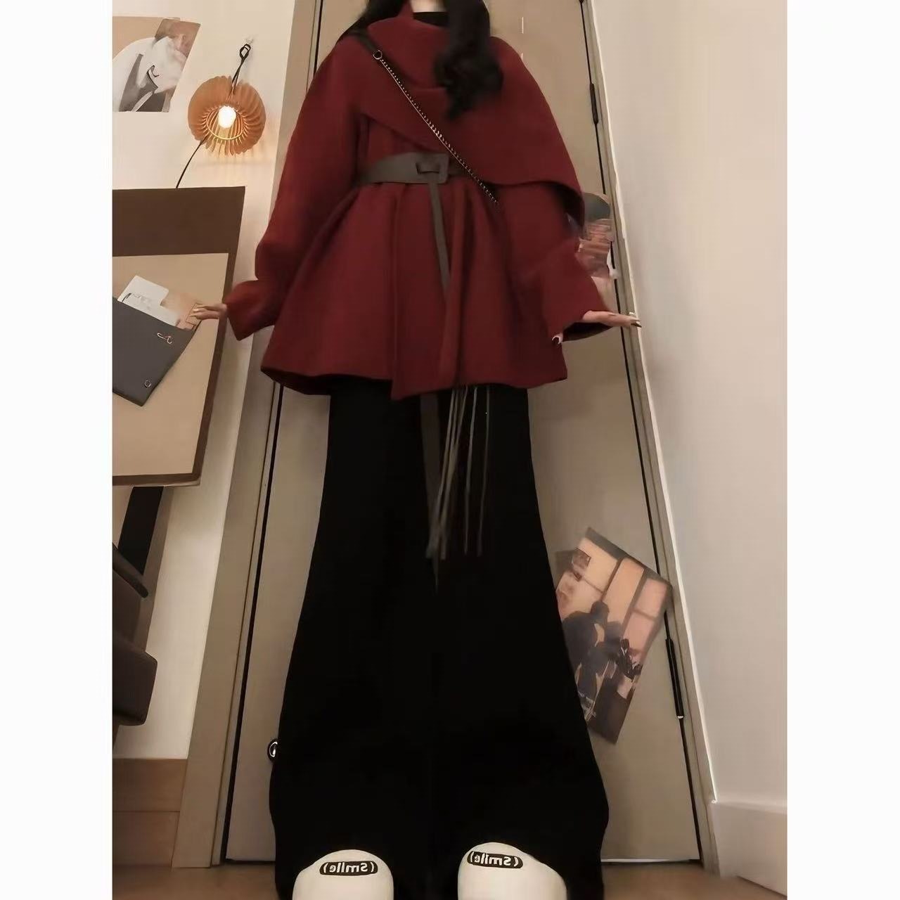 2026 Autumn/Winter New Korean-Style Cape Shawl Waist-Cinching Sweater Coat for Women with Fleece-Lined Slightly Flared Pants Two-Piece Set