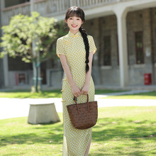 春夏季新款仿正娟黄白棋盘格八扣旗袍 日常少女范学生装休闲旗袍