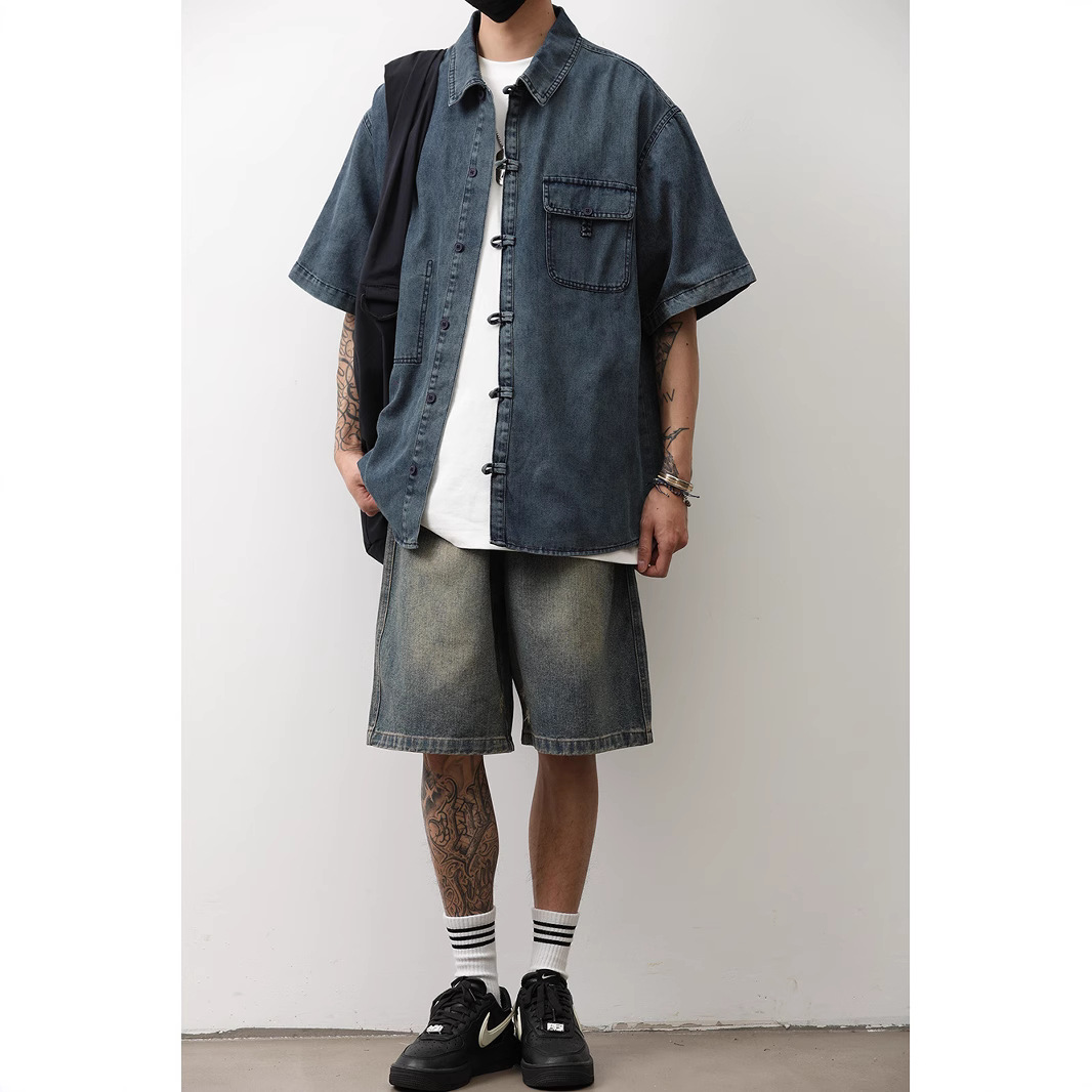1 Denim Short Sleeve Summer New Chinese Niche Design Button Dark Blue Shirt Men's National Style Jacket Trendy_voghion.com