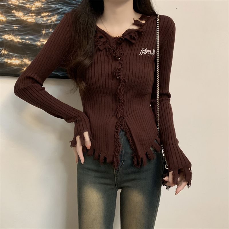 设计感流苏v领开衫毛衣外套女春秋小众高级感坑条针织打底衫上衣