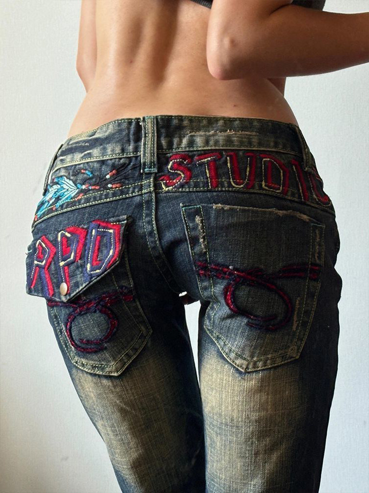 ​​Vintage Low-Rise Distressed Jeans For Women - Y2k Style With Heavy Embroidery, Baggy & Long Straight Leg Denim Pants​​_ecoleips.com