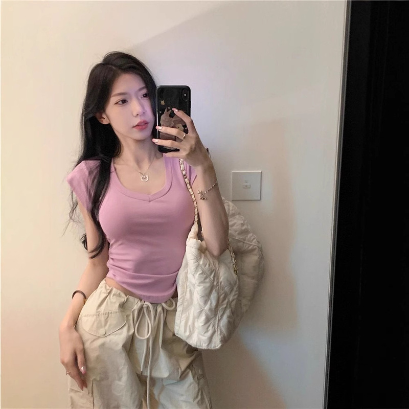 夏のユニークなタイのデザインvネックの肩の半袖tシャツの女性のアーチ型の裾のスリムなスリムな短い上着の卸売り|undefined