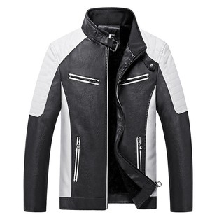 No velvet Amazon men's short cross-border color matching European and American leather jacket motorcycle collar youth leather jacket tide