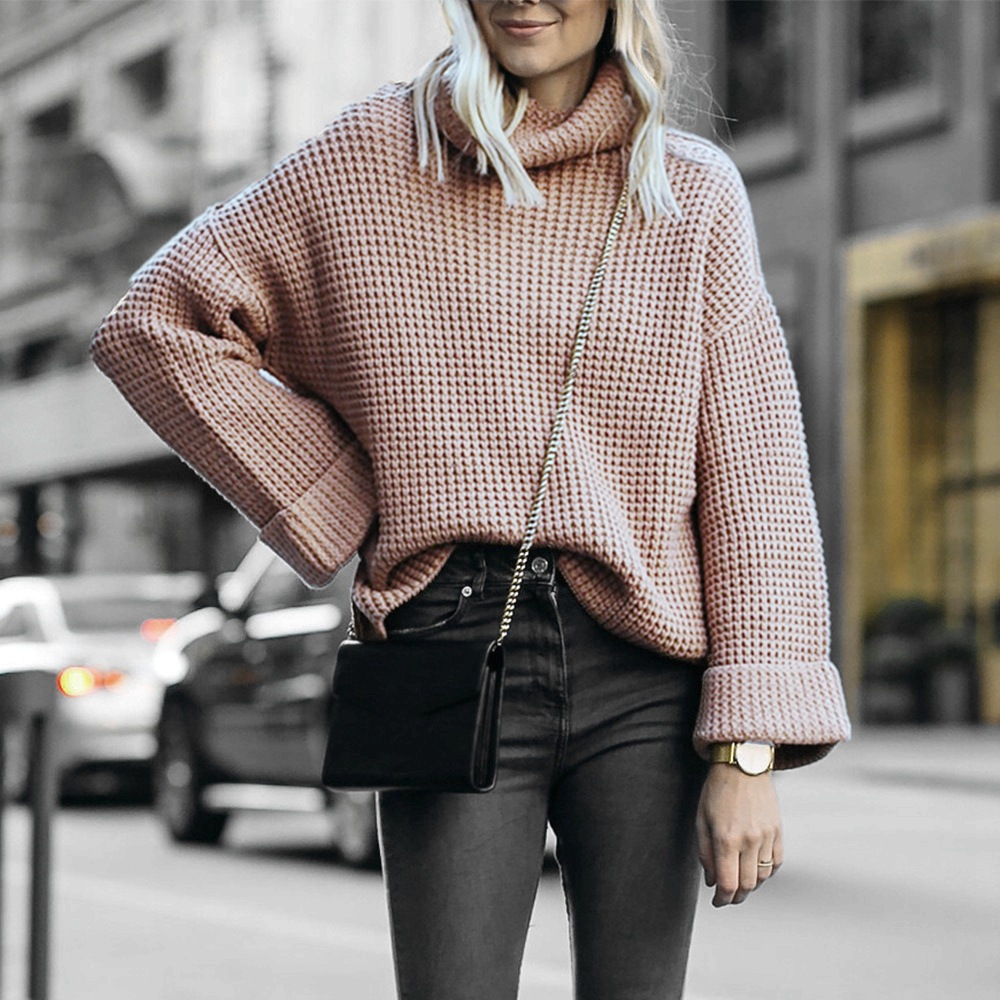 Damen Hochkragen Strickpullover Für Herbst Und Winter Einfarbig_voghion.com