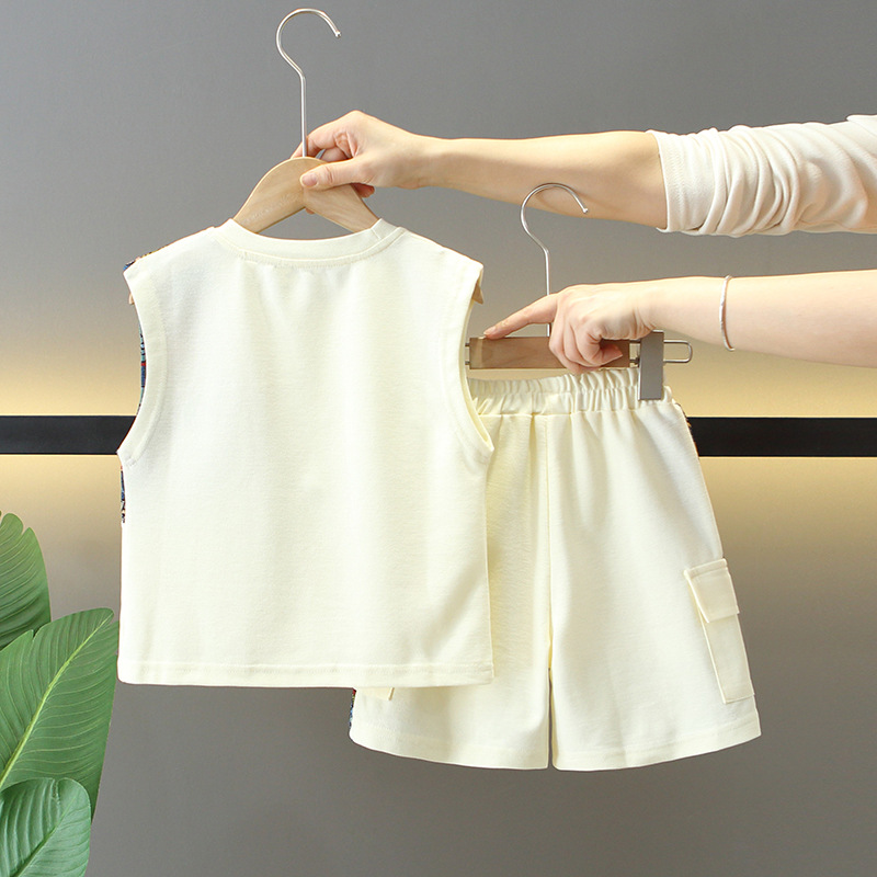 7871 traje de verano para niños 2025 nuevos pantalones cortos de chaleco guapos para niños de dos piezas ropa de verano para bebés de moda