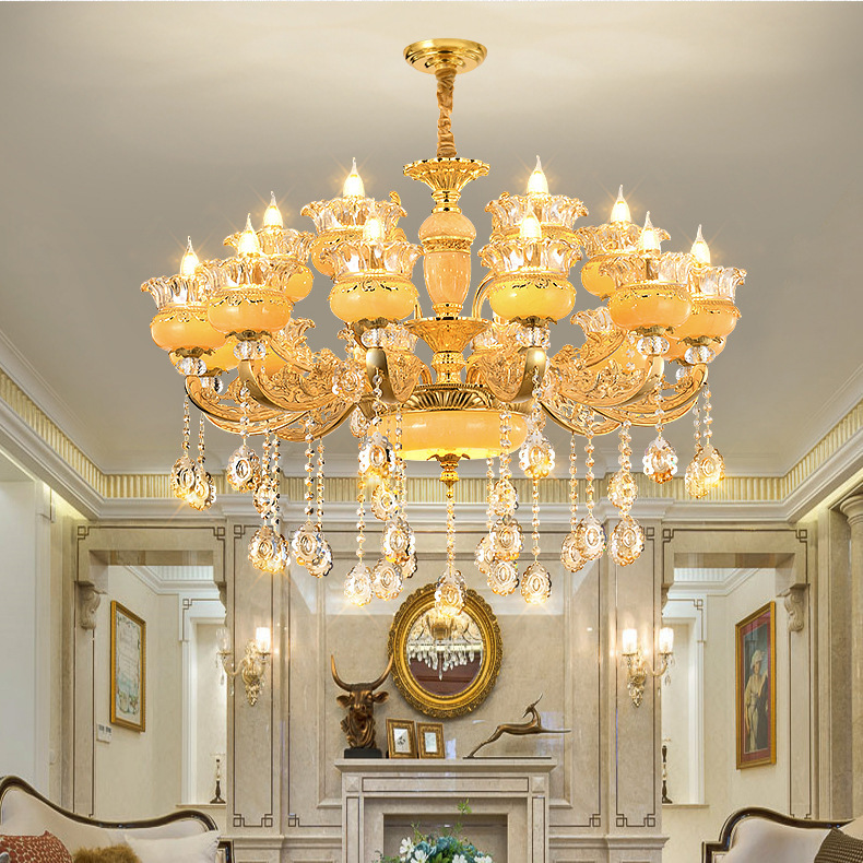 歐式蠟燭玉石水晶吊燈 客廳主燈大氣複式別墅酒店輕奢鋅合金吊燈