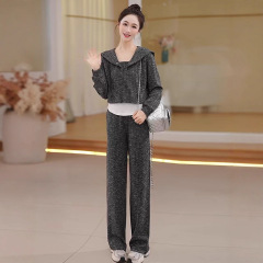 时尚套装女秋季新款洋气外贸显瘦假两件卫衣阔腿裤休闲运动两件套