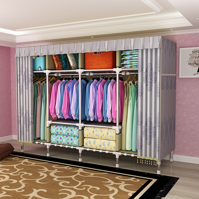 No zipper, thick curtain fabric simple fabric wardrobe, steel pipes thickened and reinforced, for a couple, household full enclosed, widened and deepened