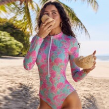 2025新款欧美运动泳衣女长袖防晒拉链连体泳装比基尼Купаль