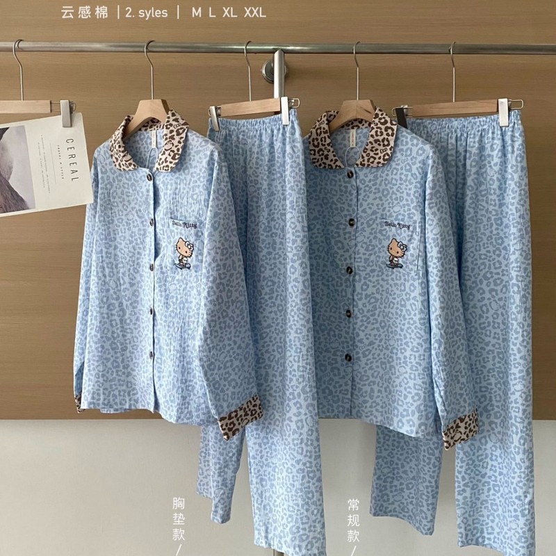 卡通黑皮kt带胸垫云感棉睡衣女长袖长裤家居服可外穿女生两件套装|undefined