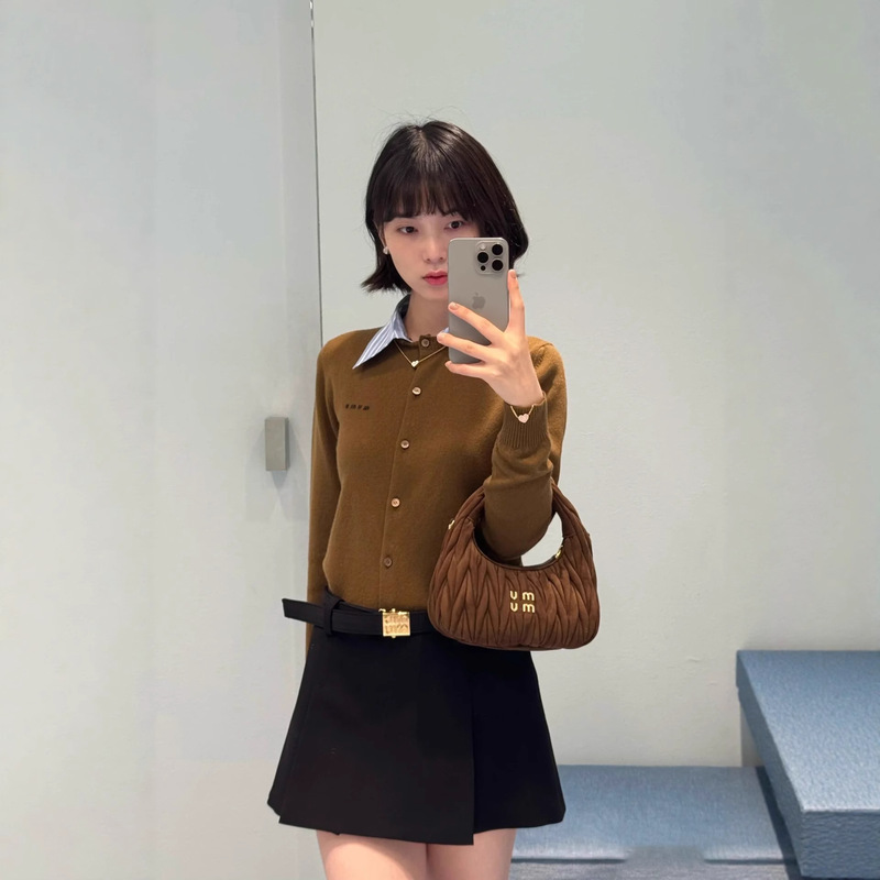 miu系羊绒开衫南油高版25新款假两件可拆卸翻领针织外套女毛衣|undefined