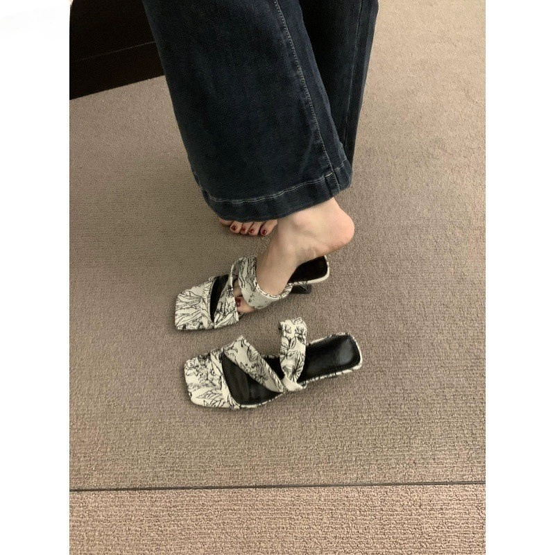 Small design sandals, summer footwear high heels, silver slide, slippers, shoes, trend of season