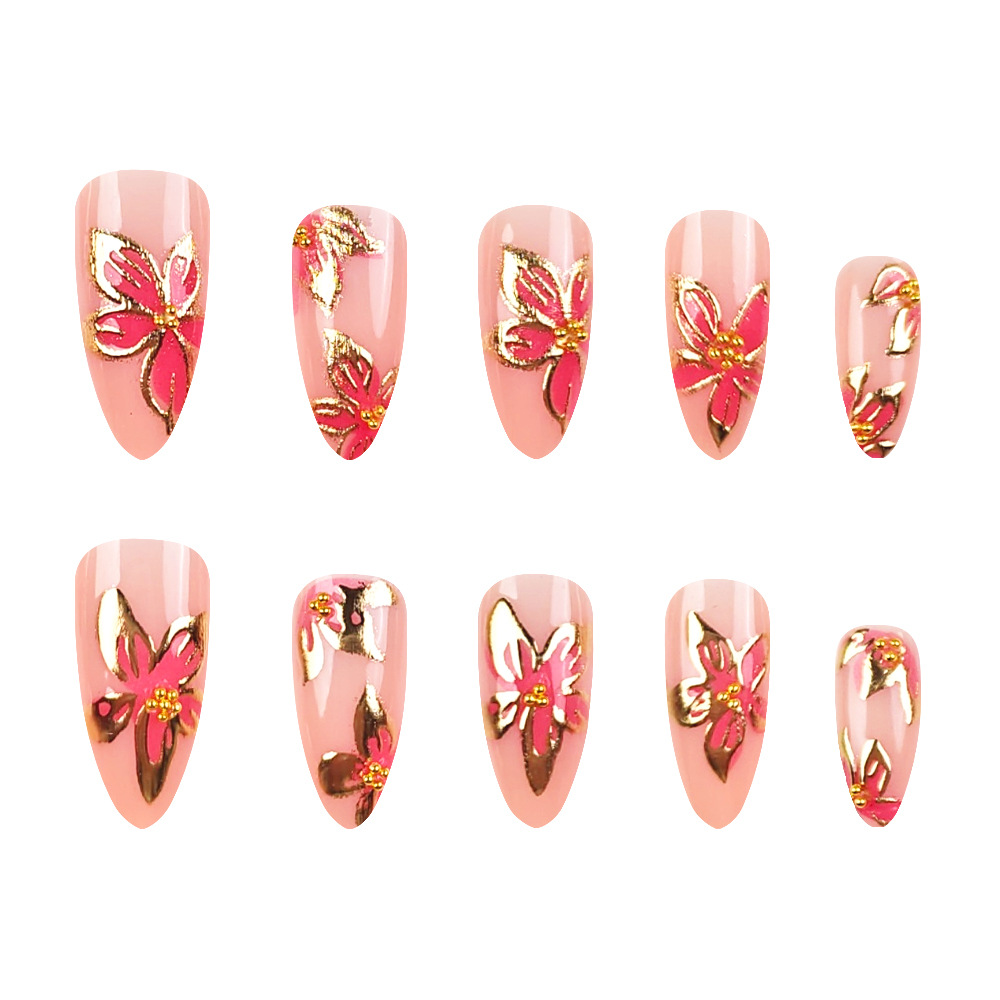 3D estereoscópico flores de oro leper almendras uñas de vestir comercio exterior suave viento uña falsa 24 piezas de uñas blanqueadoras