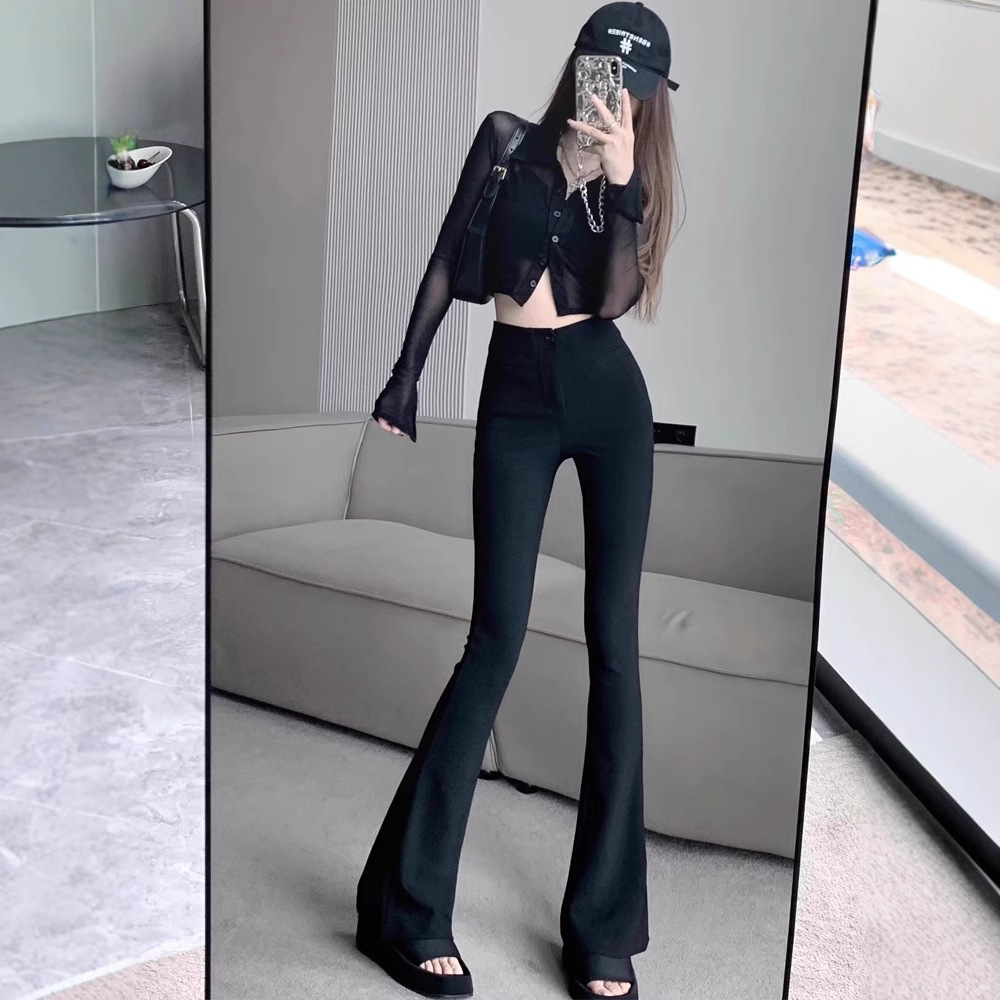 Pantalones de boquilla negras de cintura alta de mujer delgada delgada trajes de pluma micro-Lamar Pantalones de boquilla 2025 nuevo ocio de primavera y otoño