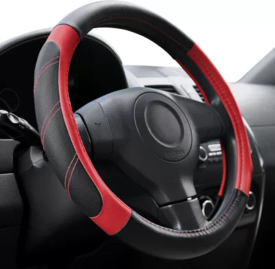 Cross-border universal 15-inch steering wheel cover sports breathable non-slip leather car SUV truck steering wheel cover (Steering wheel cover) - cross-border-plastic-ring-exercise-band-blackred-38cm
