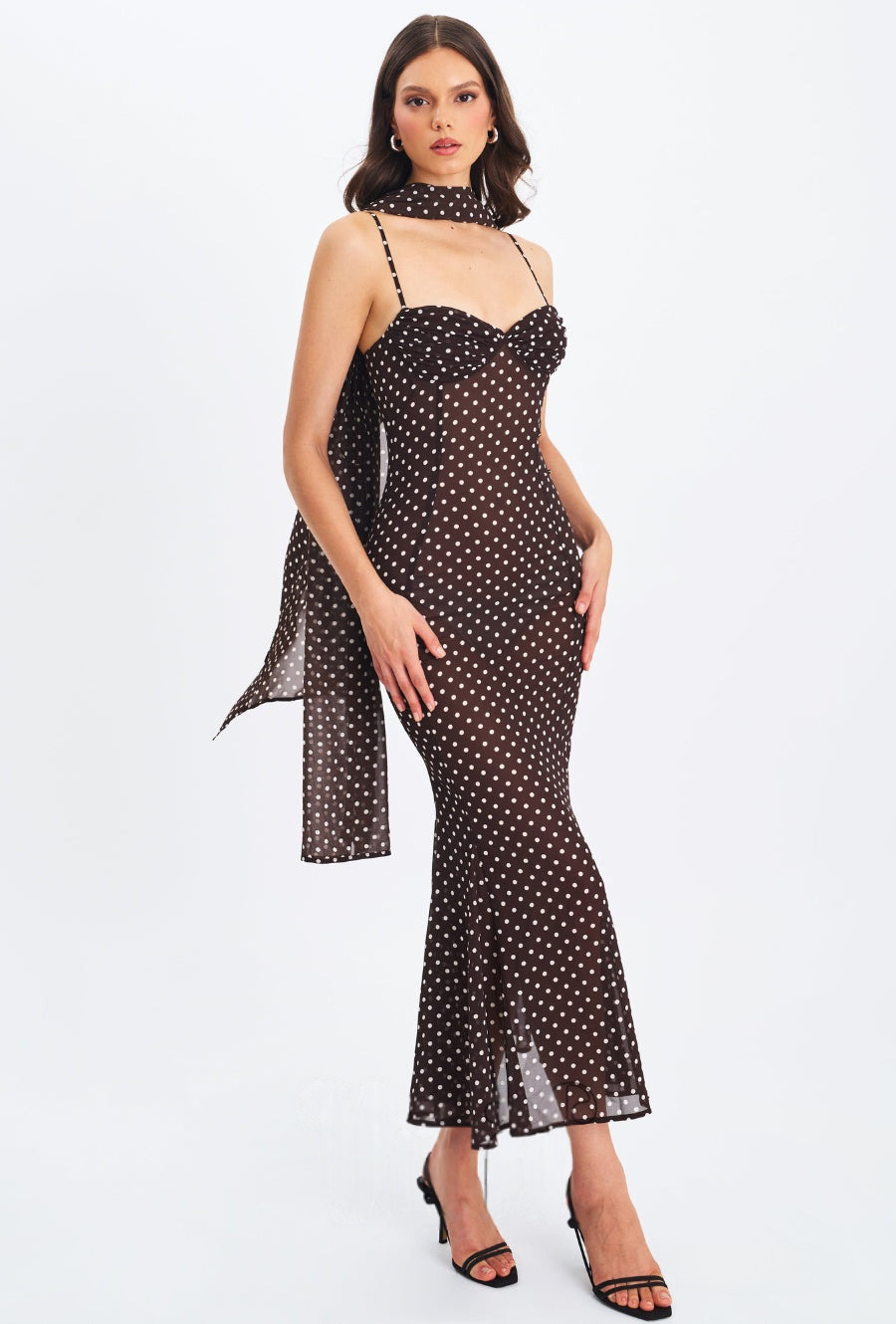 Women Elegant Spaghetti Strap Polka Dot Print Backless Dress Stylish Scarf Decor Slimming Party Vacation Dress_ecoleips.com