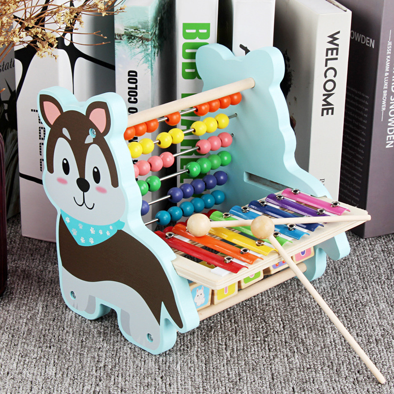 Educación temprana para niños de madera, bloques de construcción de rompecabezas, animales de dibujos animados, frutas alrededor de las cuentas, ejercicios de coordinación ojo-mano para bebés, juguetes educativos