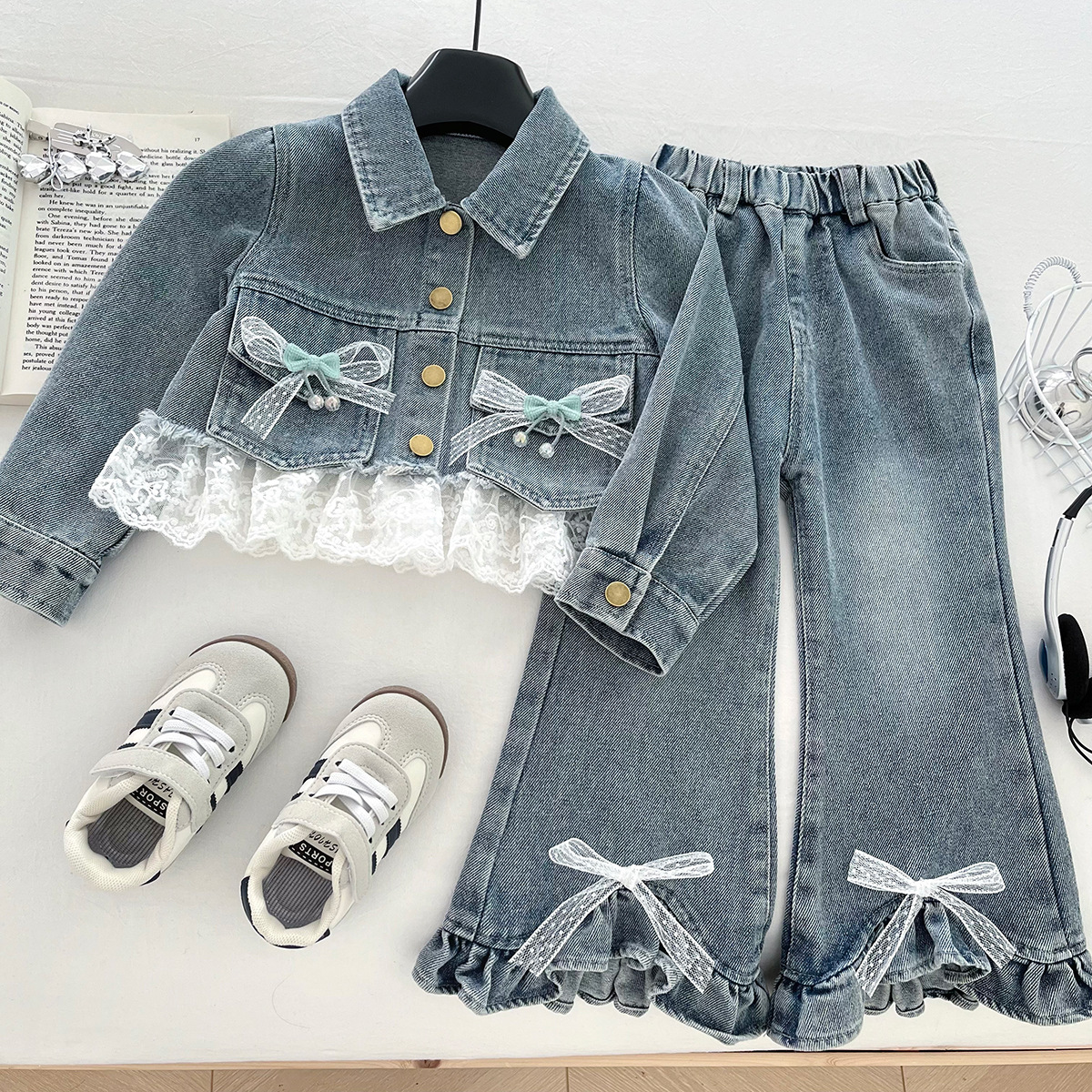 Spring and Autumn Girls Suit 2025 New Lace Denim Jacket Bow Flared Pants Two-Piece Set Cross-Border