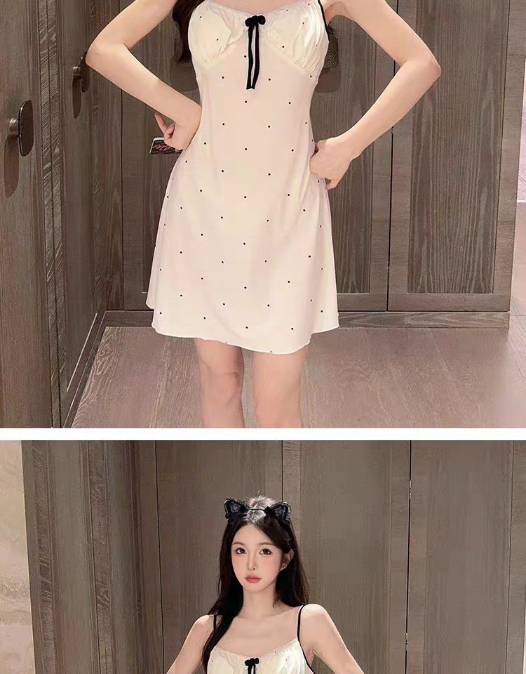 Cherry Print Floral Suspender Nightgown with Chest Pads, Thin Summer Sleep Dress — detail image 14