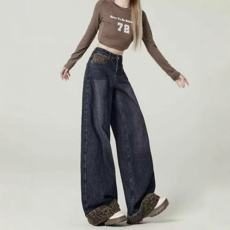 American Retro Leopard Print Curled Jeans Women's Large Size 2025 Autumn and Winter New Loose Slim Straight Wide Leg Pants