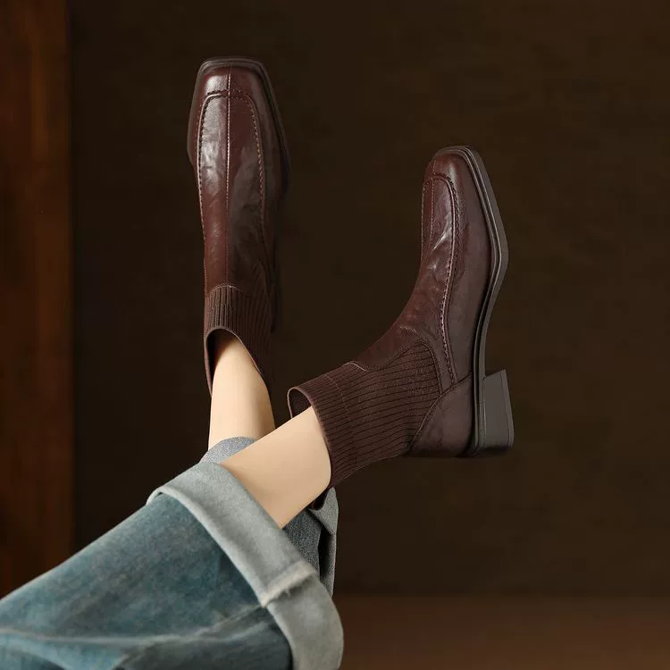 Повседневные 3,5 см овчины квадратная голова вязаные эластичные короткие сапоги женские толстые каблуки средние каблуки сапоги челси высокий каблуки сапоги коричневый ~