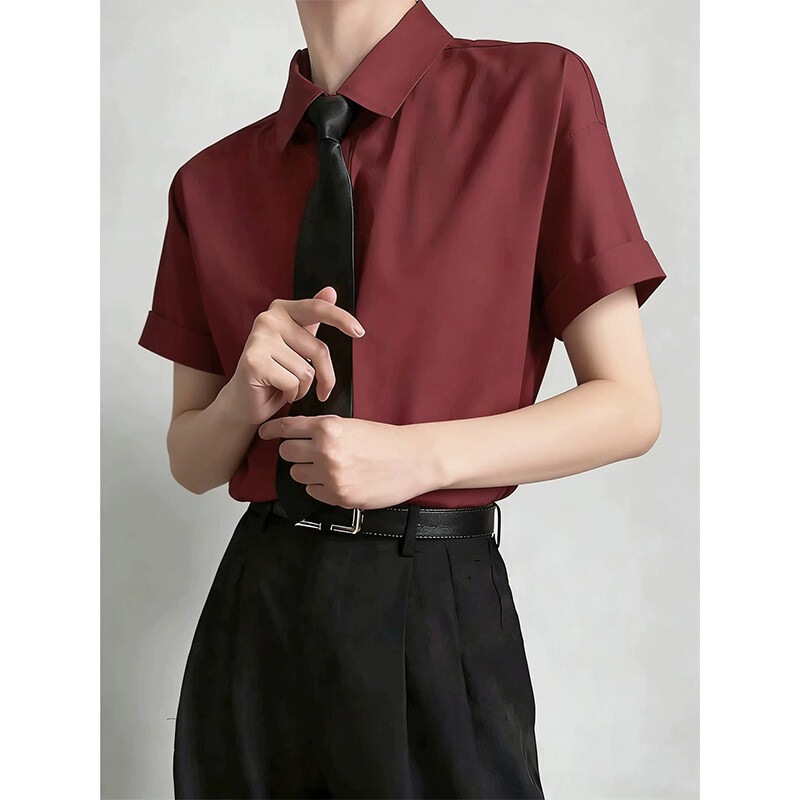 Short-Sleeved Shirt for Men, Japanese Style, High-End, College-Style Outerwear, Burgundy Shirt, Black Tie, Handsome Groomsmen Team Shirt Short-Sleeved Shirt for Men, Japanese Style, High-End, College-Style Outerwear, Burgundy Shirt, Black Tie, Handsome Groomsmen Team Shirt