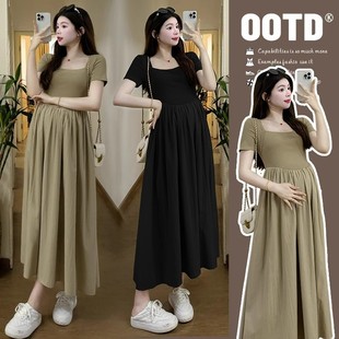 Pregnant Women's Summer Dress New Short-sleeved Stitching Square Collar Waist Skirt Elegant Long Skirt Women's plus size Pregnant Women Solid Color dress