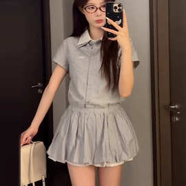 韩系新款学院风条纹衬衫连衣裙女夏高级感小个子收腰a字花苞裙子