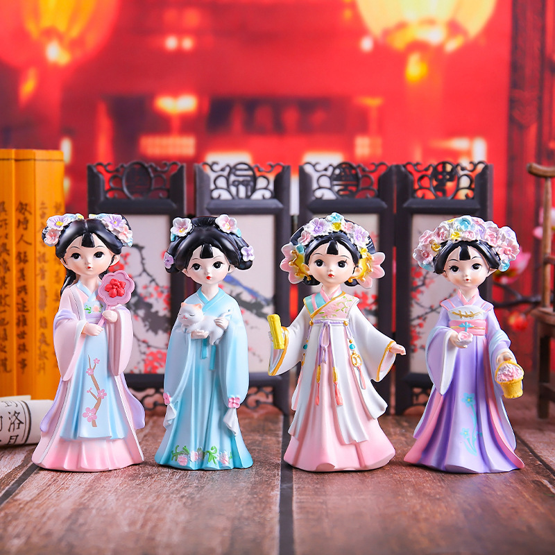 新作の中国風唐時代の女性の首振り置物、樹脂工芸品、古代風少女のデスクトップや車載装飾品|undefined