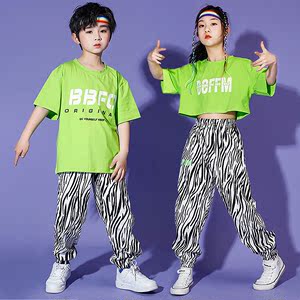 Girls boys green with zebra hiphop rapper jazz dance costumes for children rapper street dance outfits jazz dance hip-hop suit students children dance outfits