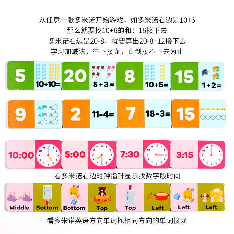 Rompecabezas suma y resta Solitario Cognition Cuatro en uno Domino Madera Nuevo tiempo de cálculo de palabras en inglés para niños