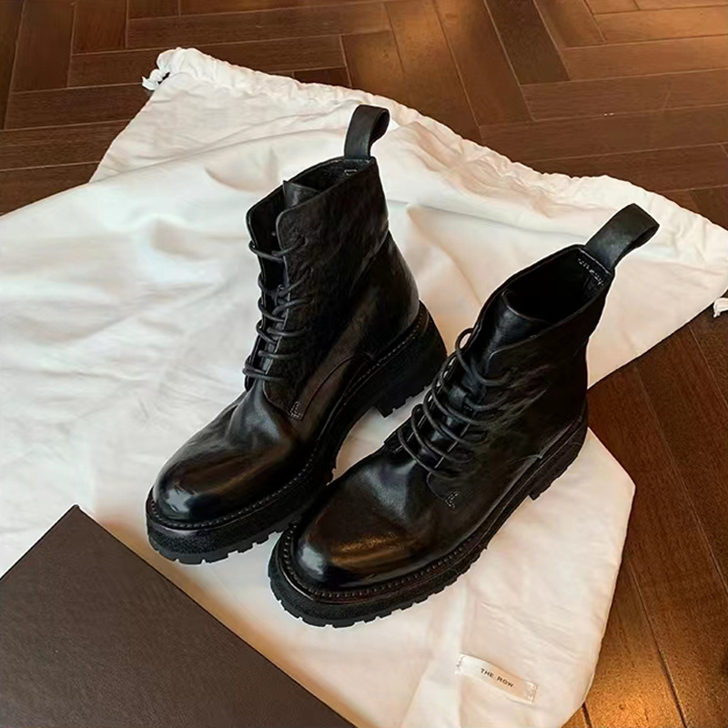 Uva mamá mismo estilo otoño e invierno nuevas botas cortas lavadas encogen cuero de caballo punta redonda estilo británico con cordones de fondo grueso Martin botas para mujeres