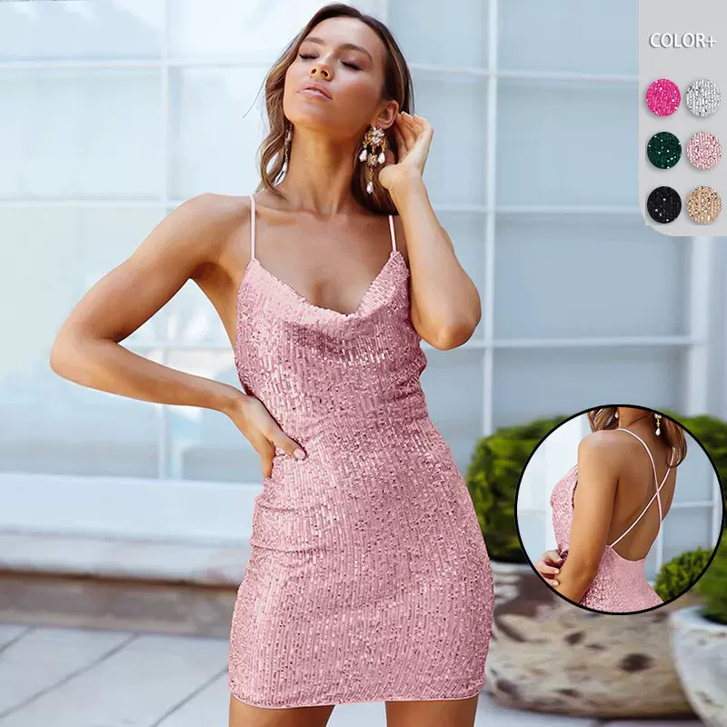 跨境新款性感辣妹珠片包臀裙秋季欧美女装露背吊带短裙亮片连衣裙
