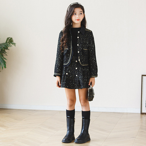 Children's and girls' new autumn and winter 2024 fashionable Korean princess skirt black small fragrant style jacket half skirt two-piece set