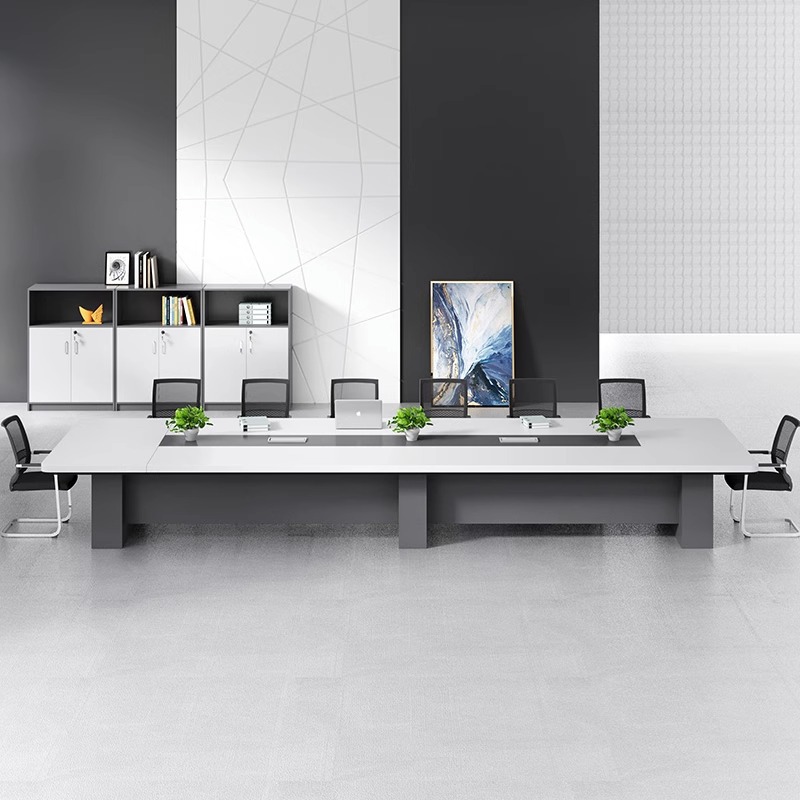 White large conference table, minimalist modern negotiation desk and chair set, reception and training, board-style rectangular office furniture