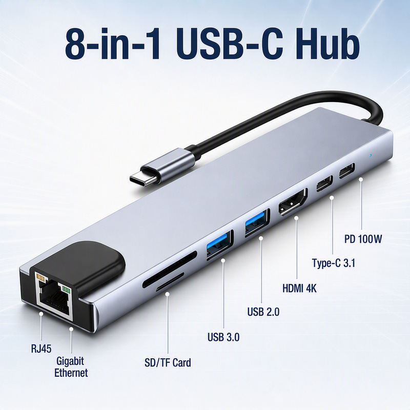 Type-C docking station, 8-in-1, 4K HD, Gigabit Ethernet port, P100W fast charging, dual SD/TF card slots, multi-functional hub Type-C docking station, 8-in-1, 4K HD, Gigabit Ethernet port, P100W fast charging, dual SD/TF card slots, multi-functional hub