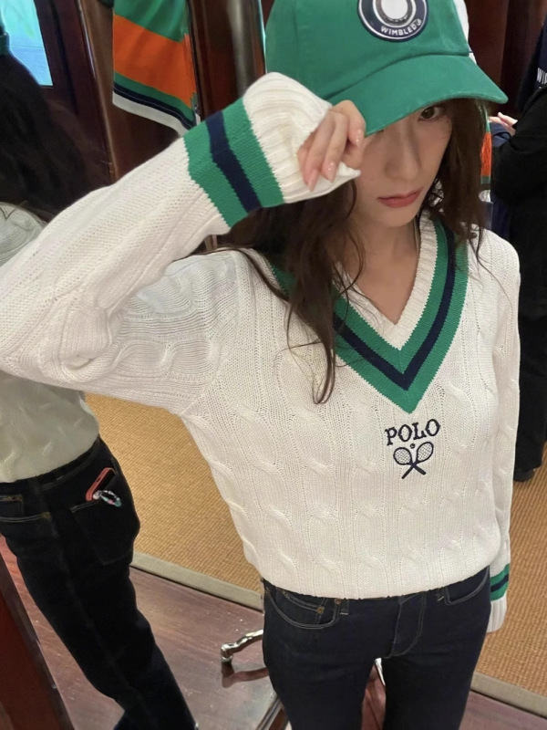 高版本RL拉夫V领撞色毛衣时尚复古联名条纹休闲上衣秋冬男女同款|undefined