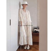 与她原创小众设计 法式V领复古优雅仙女蕾丝流苏奶油白宽松连衣裙