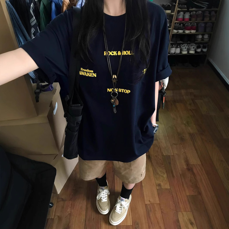 American Retro High Street Fashion Brand Letter Short-sleeved T-shirt Cotton Summer Loose chubby girl plus size Chic Hong Kong Style Top