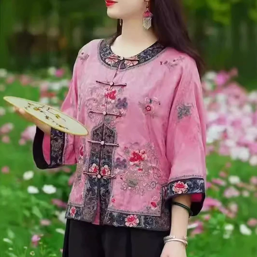 Новый китайский стиль в китайском стиле с пуговицами рубашка 2024 осень новая мода ретро темперамент свободный тонкий топ женский