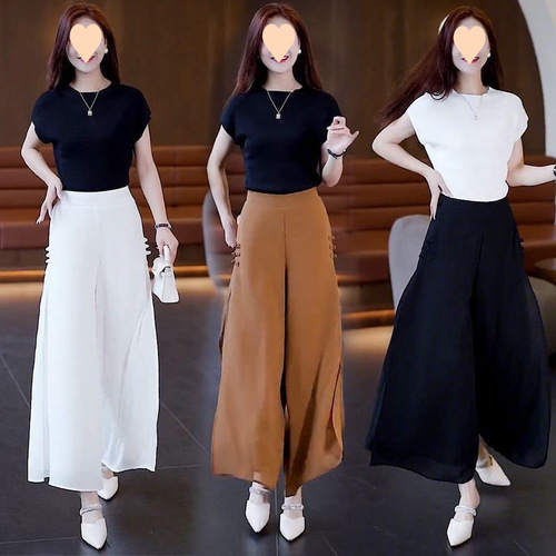 Split wide-leg pants 2025 new style white high-waist loose slimming summer culottes hanging chiffon pants set
