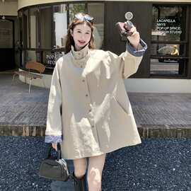 松弛感撞色工装风外套韩系休闲宽松立领中长款百搭卡其色风衣秋季