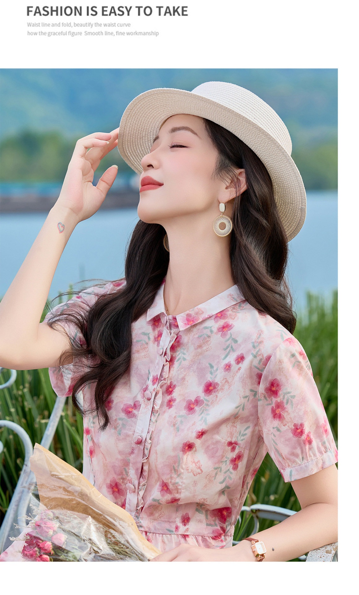 Đầm maxi nữ thắt eo họa tiết hoa nhí phong cách Pháp 2026 — Màu hồng chi tiết 16