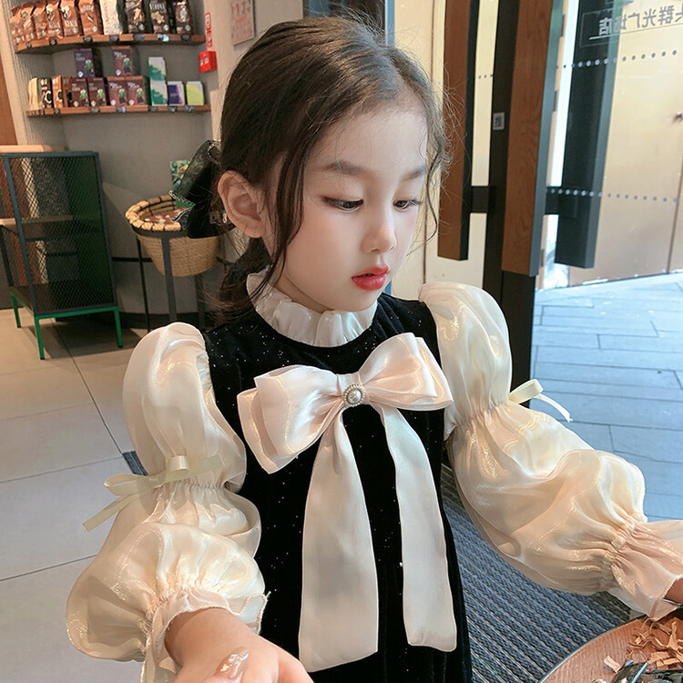 Girls' Spring and Autumn Long sleeved High end 2023 Western style Hepburn Small Fragrance Bow Bubble Sleeve Dress_voghion.com