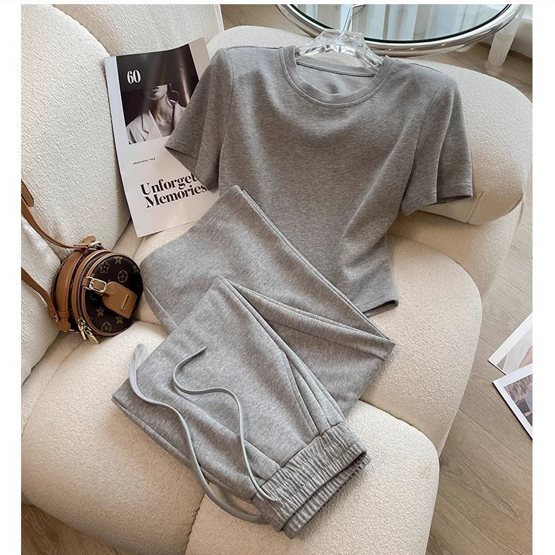 Sports suit suit Summer Short-sleeved 2024 Casual Fashion Western Style Wide Leg Pants New Two-piece Set for Small