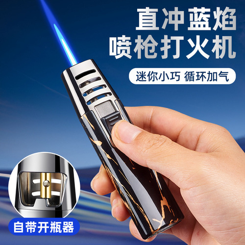 New direct blue flame spray gun metal body lighter compact cycle gas ignition bottle opening dual-use wholesale cross
