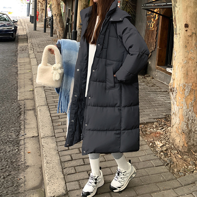 2025 새로운 겨울면 패딩 재킷 여성의 긴 무릎 길이 패딩 면화 패딩 된 느슨한 빵 의류 후드